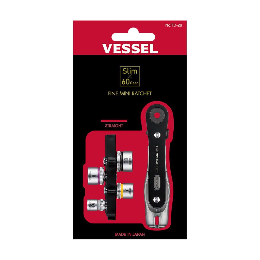 VESSEL Fine Mini Ratchet Straight with 4 Ultra-Thin Driver, Type, Sockets, TD-26