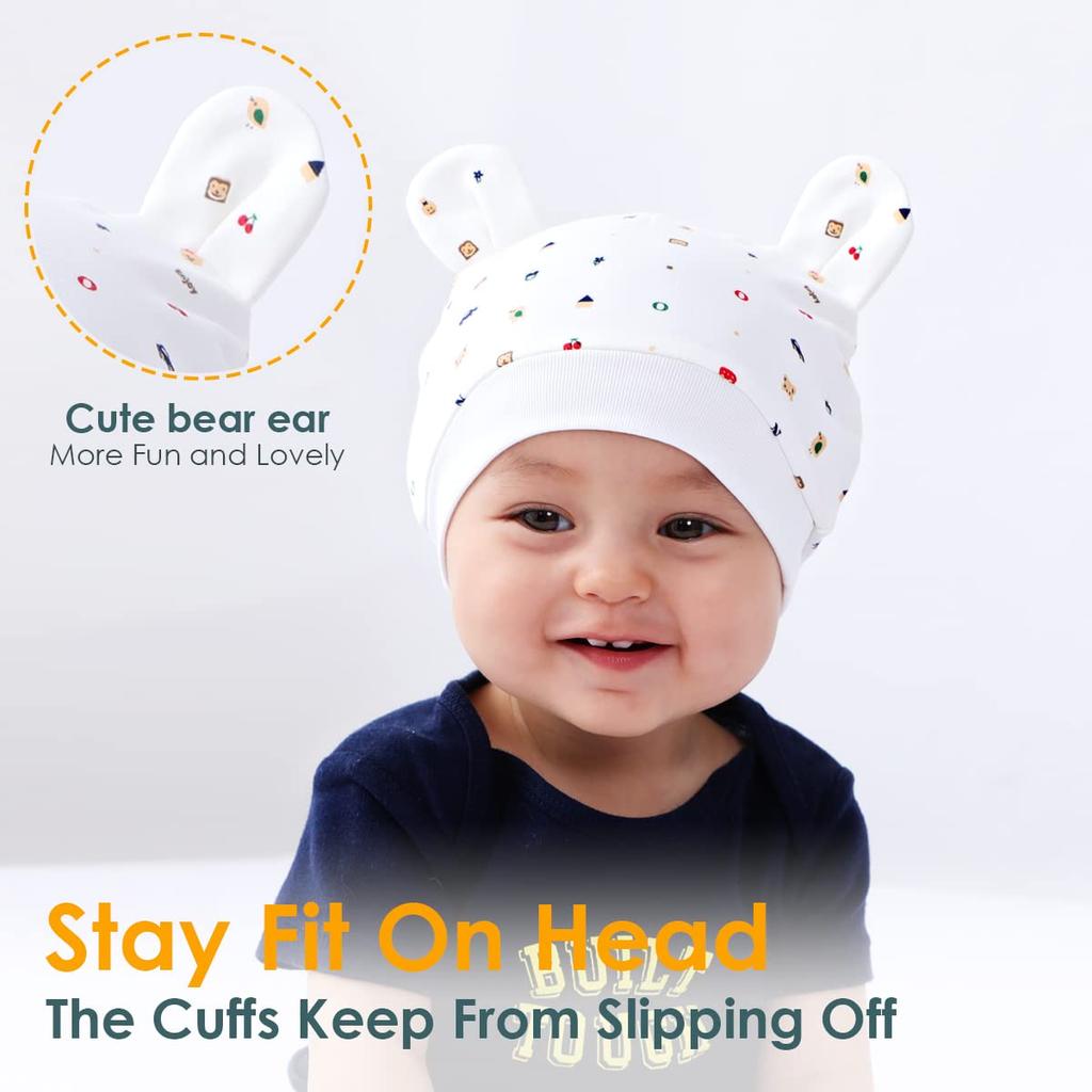 Baby Hats Organic Soft and with Bear Perfect for Baby Baby and Head Protection (6-12 Months), 3-Piece Set, 100% Cotton, Comfortable, Ears, Unisex,