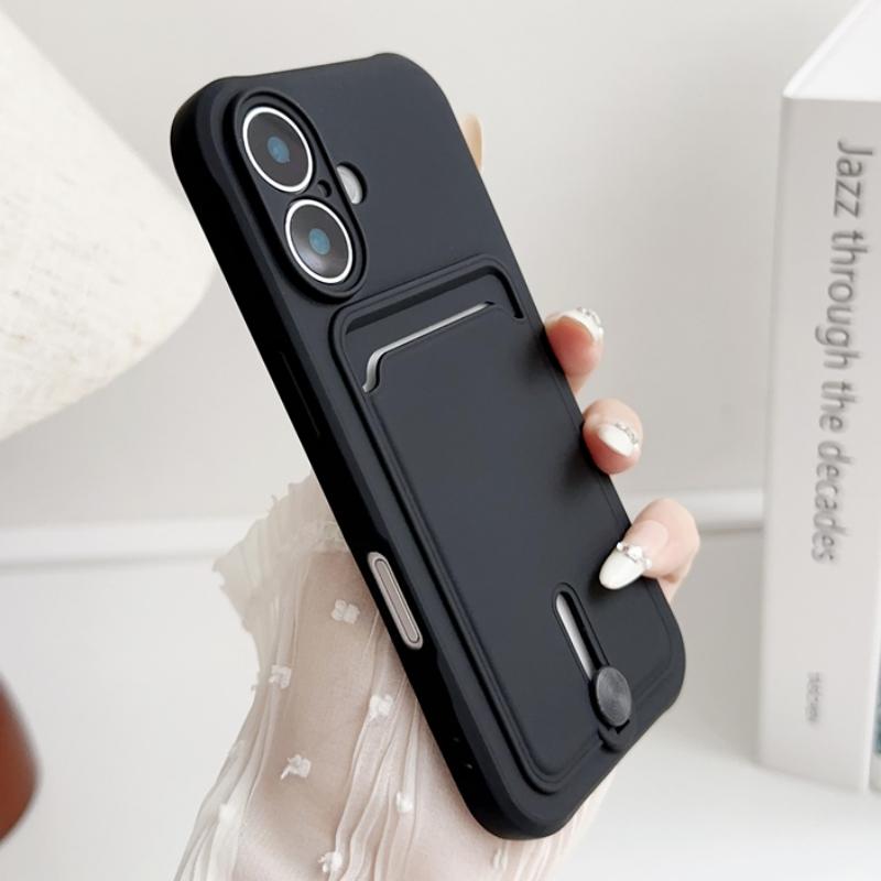 Кошелек-чехол с держателем для карт Push Card Bag Slot Holder для iPhone 16 15 14 Plus 11 12 13 Pro Max 16E Роскошный Мягкий Матовый Силиконовый Ударопрочный Чехол