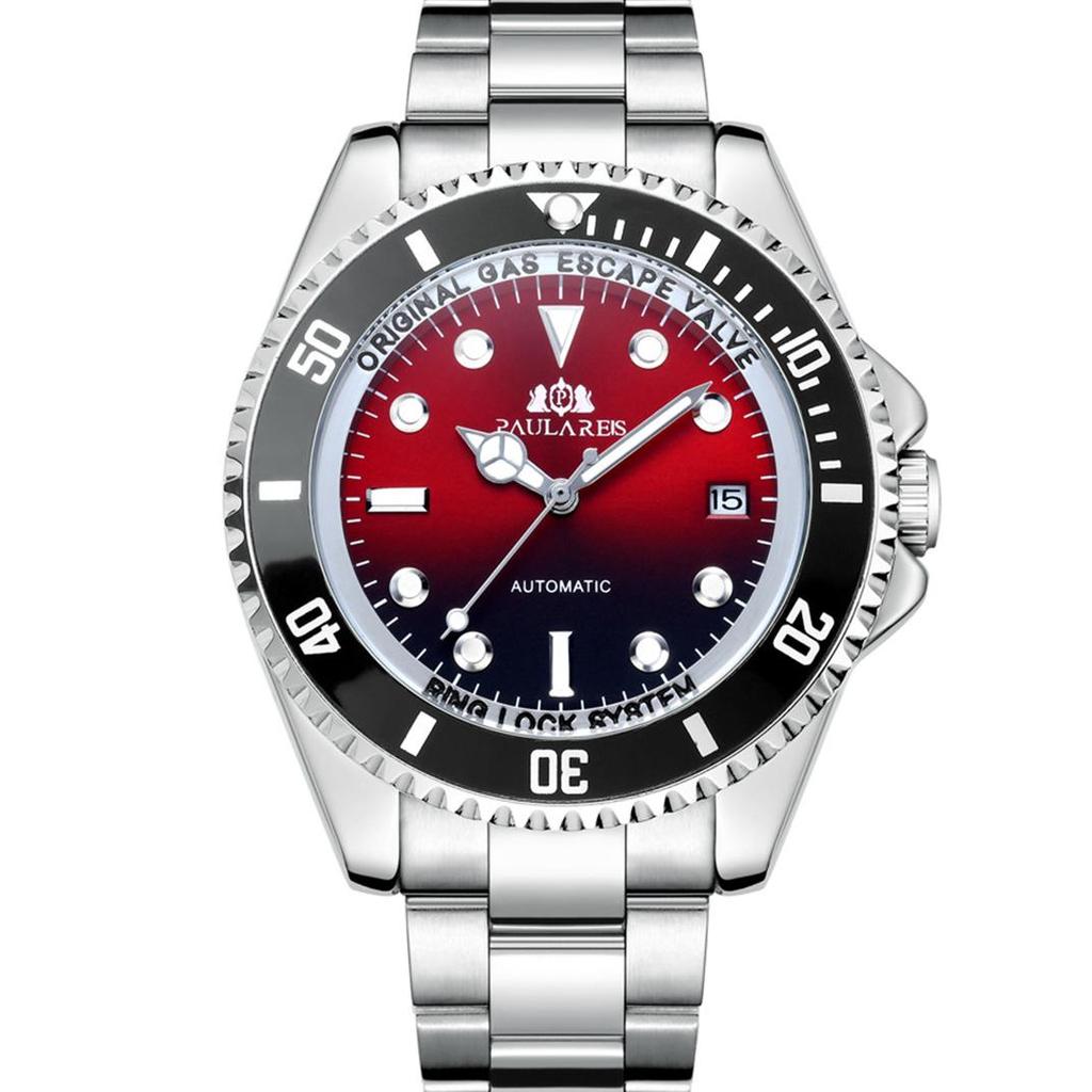 Paulareis Полностью автоматические механические светящиеся однотонные стальные ремешки, синие, красные и зеленые мужские часы с лапшой, автоматические часы