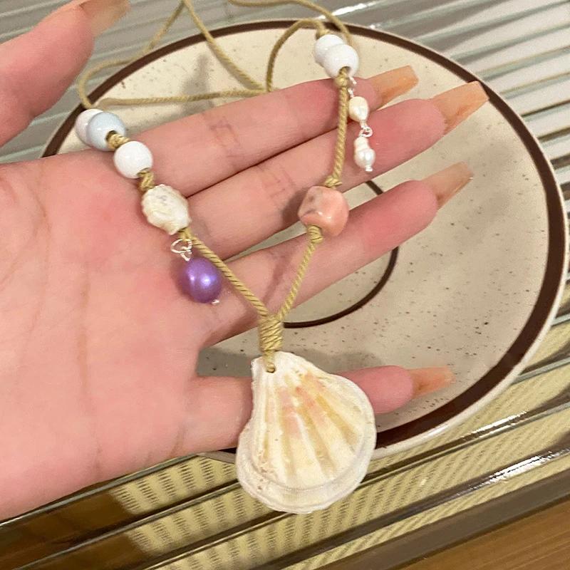 Y2K Colorful Beads Shell Pendant Choker Adjustable Necklace for Women Girl Clavicle Chain Romantic Sweet Aesthetic Jewelry Party