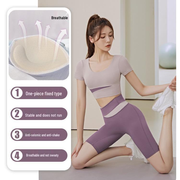 Nude Feel Women's Colorblock Yoga Set - Short Sleeve Crop Top & Hip Lifting Running Shorts for Spring/Summer Fitness