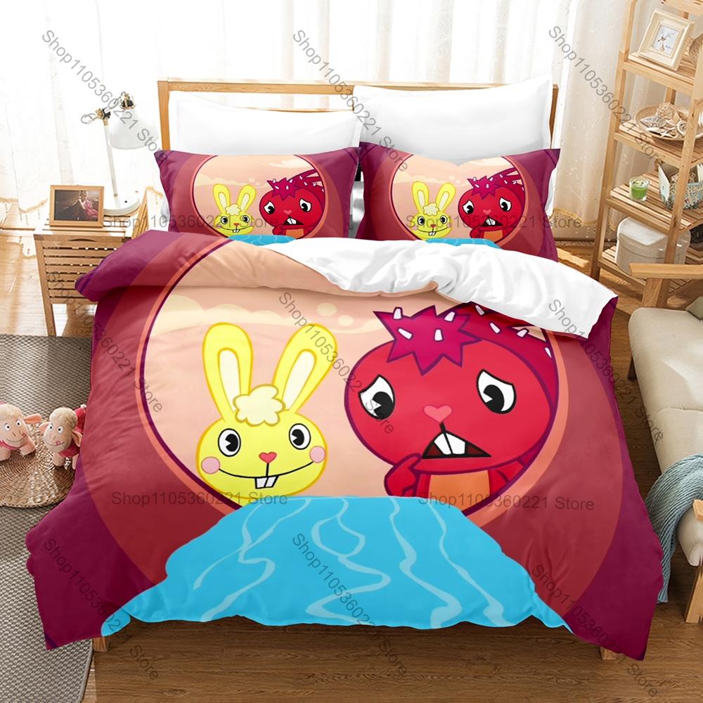 Крутой Комплект Постельного Белья Happy Tree Friends Пододеяльник + 2 Наволочки Милый Кровь Контраст Мультяшное Животное Темный Гур Гротеск Декор Спальни
