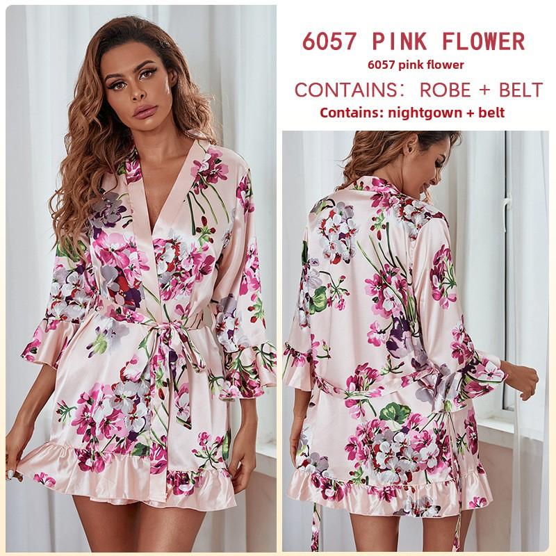 Пижама с принтом в виде листьев, женская летняя шелковая ночная рубашка, халат, домашняя одежда для женщин