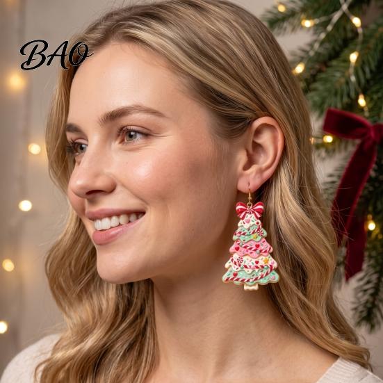 Fun Christmas Theme Earrings 2D Acrylic Earrings, Colorful Tree Dangle with Bow Decorative Holiday Decor, Lightweight Drop Jewelry, Decorations