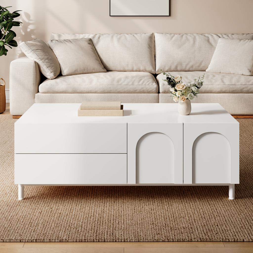 Storage Coffee Table, Rectangular Living Room Table, Coffee Table with Arched Doors, Table made of Chipboard+MDF, Table with Steel Tube Legs