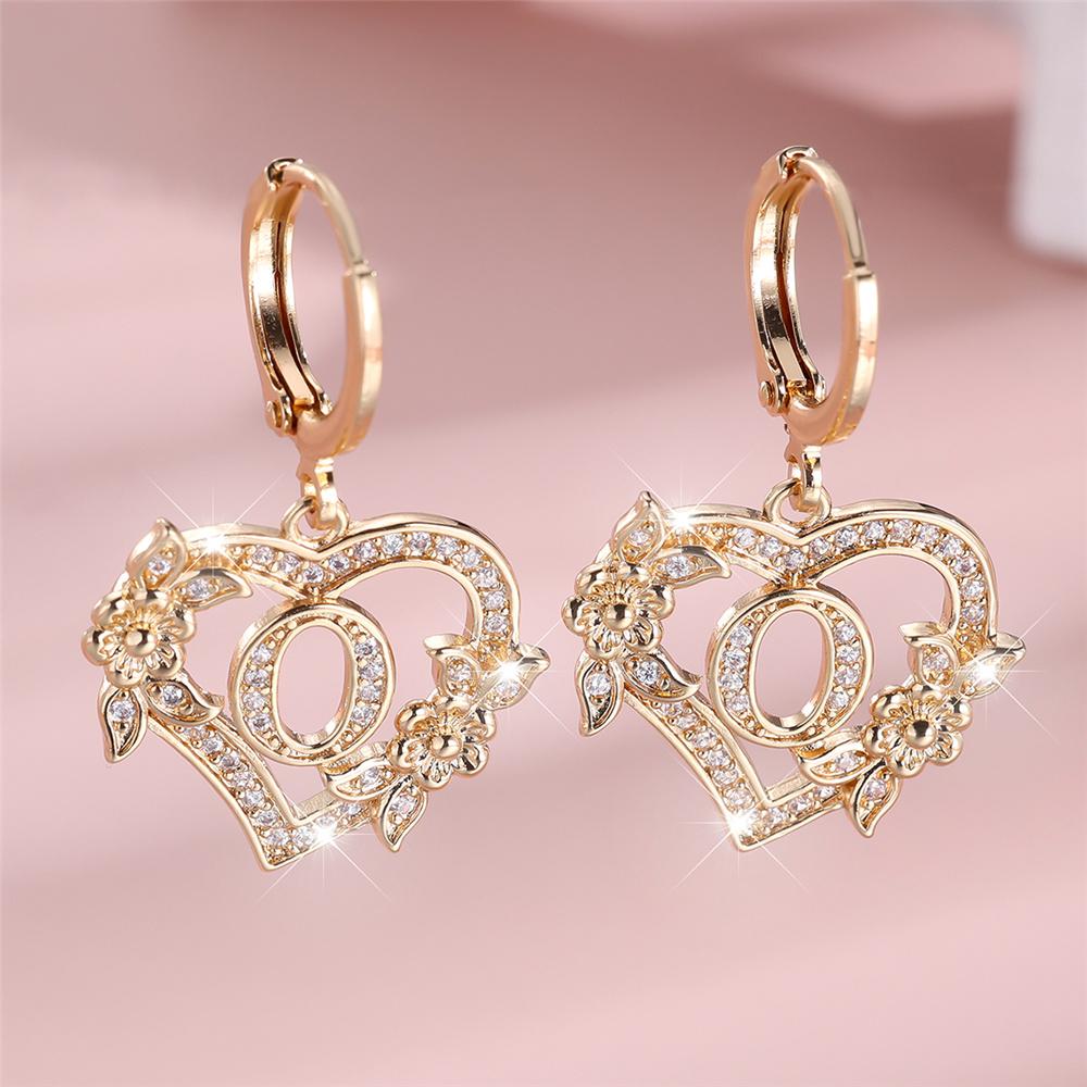 Female A-Z 26 Letter Heart Flower Hoop Earrings Yellow Gold White Zircon Wedding Jewelry For Women