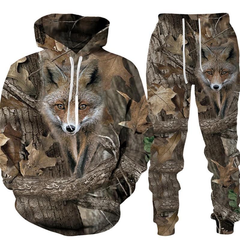 Mens Casual Hooded Tracksuit Set 3D Camo Boar Print Long Sleeve Top Pants Winter