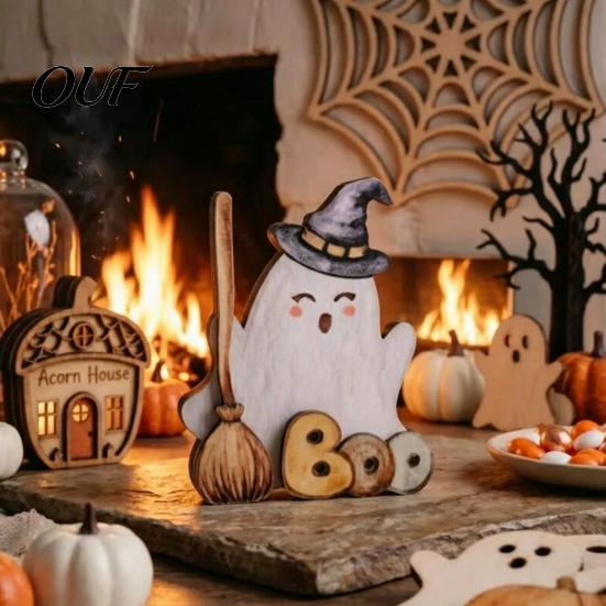 Small Ghost Statues for Shelves Halloween Table Ornament, 2D Wooden Figurine with Cute Tiered Tray Decor Pumpkin/Black Cat/Broom Home Office