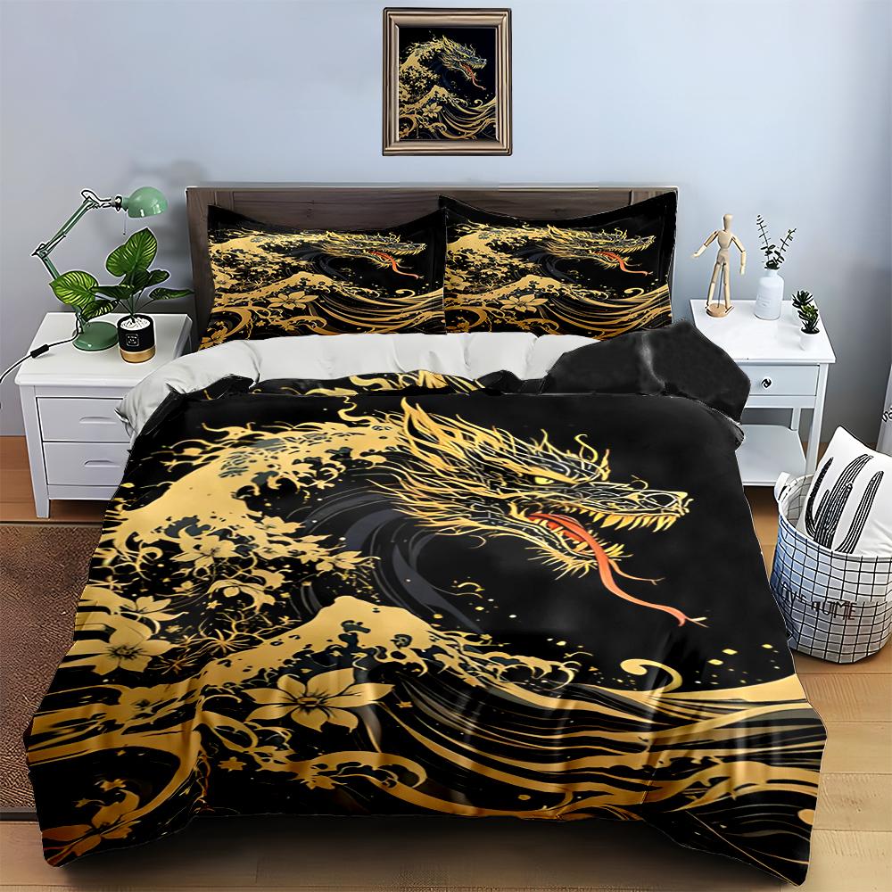 Golden dragon waves. Bedding Duvet cover sets Duvet covers Pillowcases gifts (1 * Duvet Cover 2 * Pillowcases, without duvet insert)