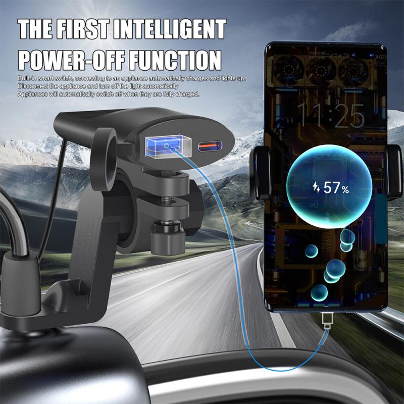 USB-зарядное устройство для мотоцикла, 12 В, 24 В, быстрая зарядка USB A Type-C, двухпортовый водонепроницаемый зажим на руль