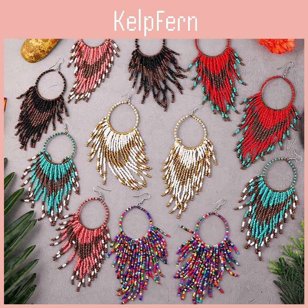 Bluelans Women Round Hook Earrings Tassel Beads Earrings Dangle Long Bohemian Statement Jewelry