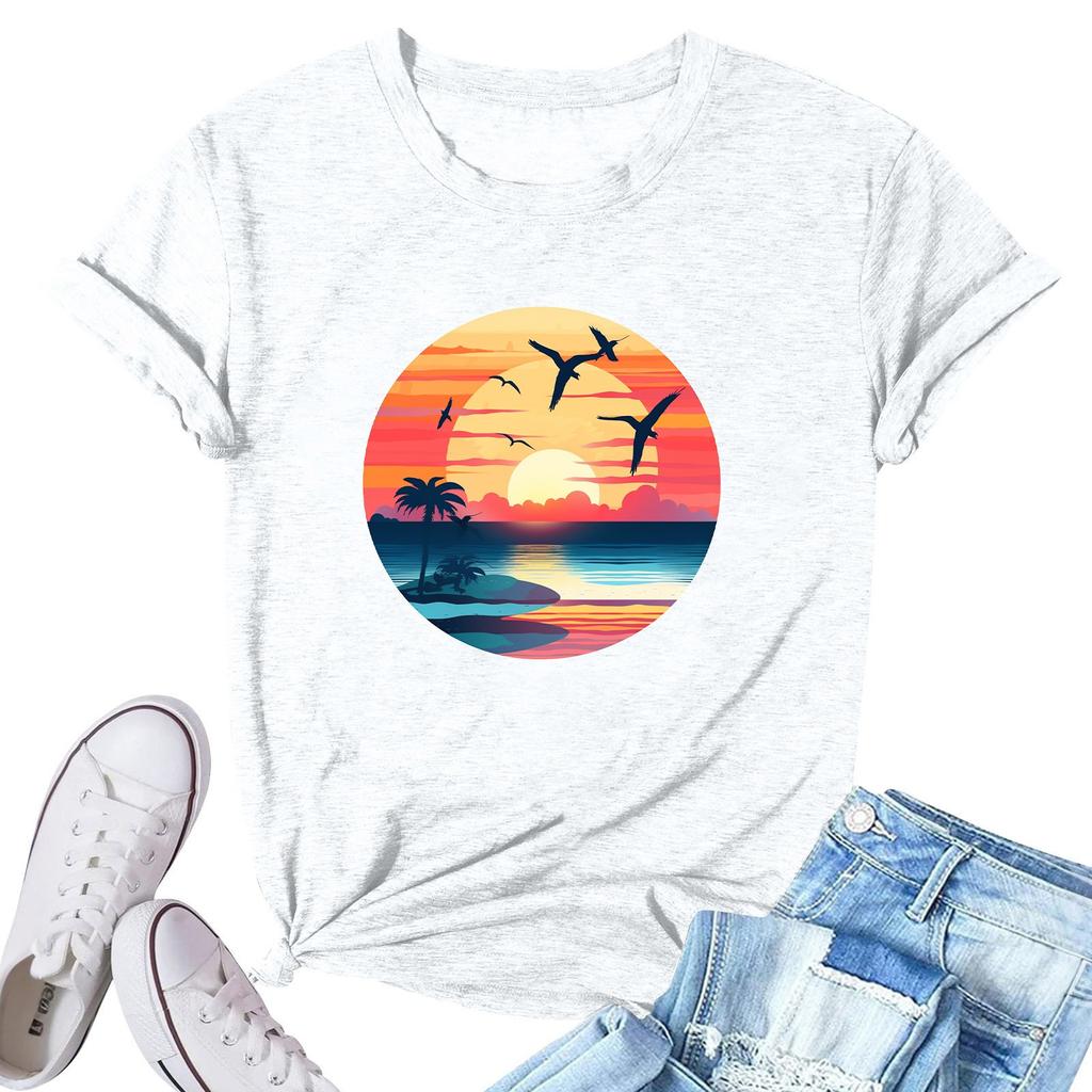 Women's Fashion Printed Casual Pleated Round Short Sleeve T-Shirt Top