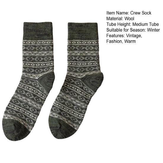 Warm Wool Socks for Men Winter Thermal Thick Crew Socks Vintage Style Retro Pattern Socks for Cold Weather