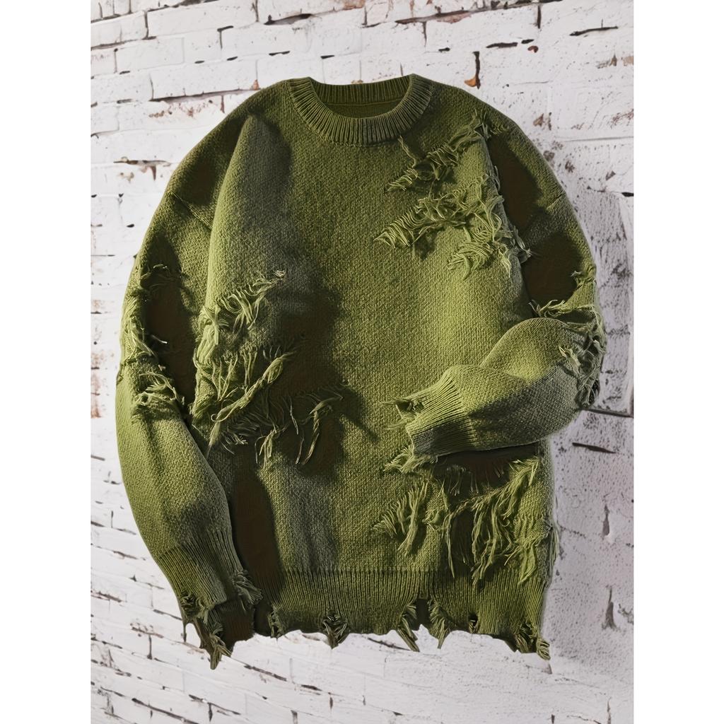 Однотонный свитер с круглым вырезом, повседневный вязаный свитер с длинными рукавами и рваными кисточками для осени и зимы, женская одежда