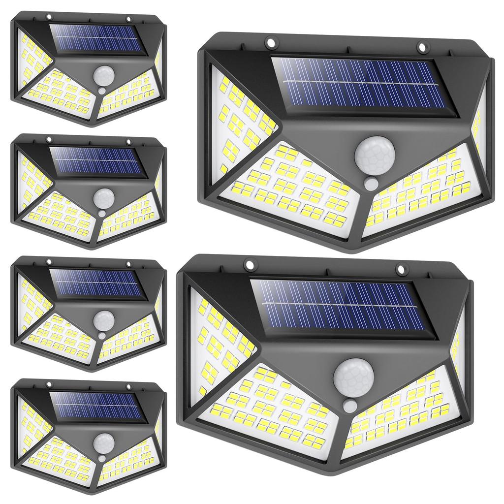 Solar Sensor Light [Set of 6, 100 LEDs, 4-Sided Light] with Light & Motion Sensor, 3 Lighting Modes, Solar Powered, IP65 Waterproof, Automatic OnOff,