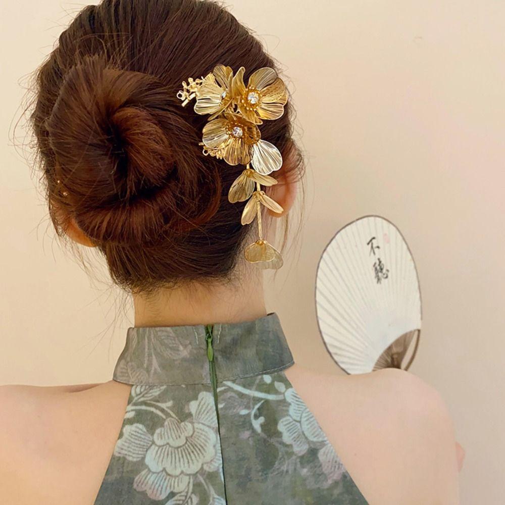 Tassel Metal U Shape Hair Stick Flower Hanfu Hairpin Retro   for Women
