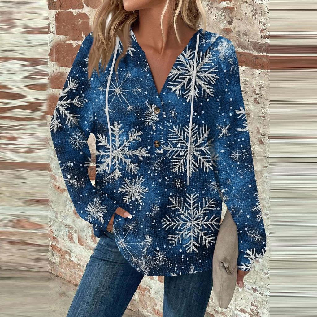 Женский повседневный топ с длинными рукавами, пуговицами, V-образным вырезом, рождественским принтом, завязками и капюшоном