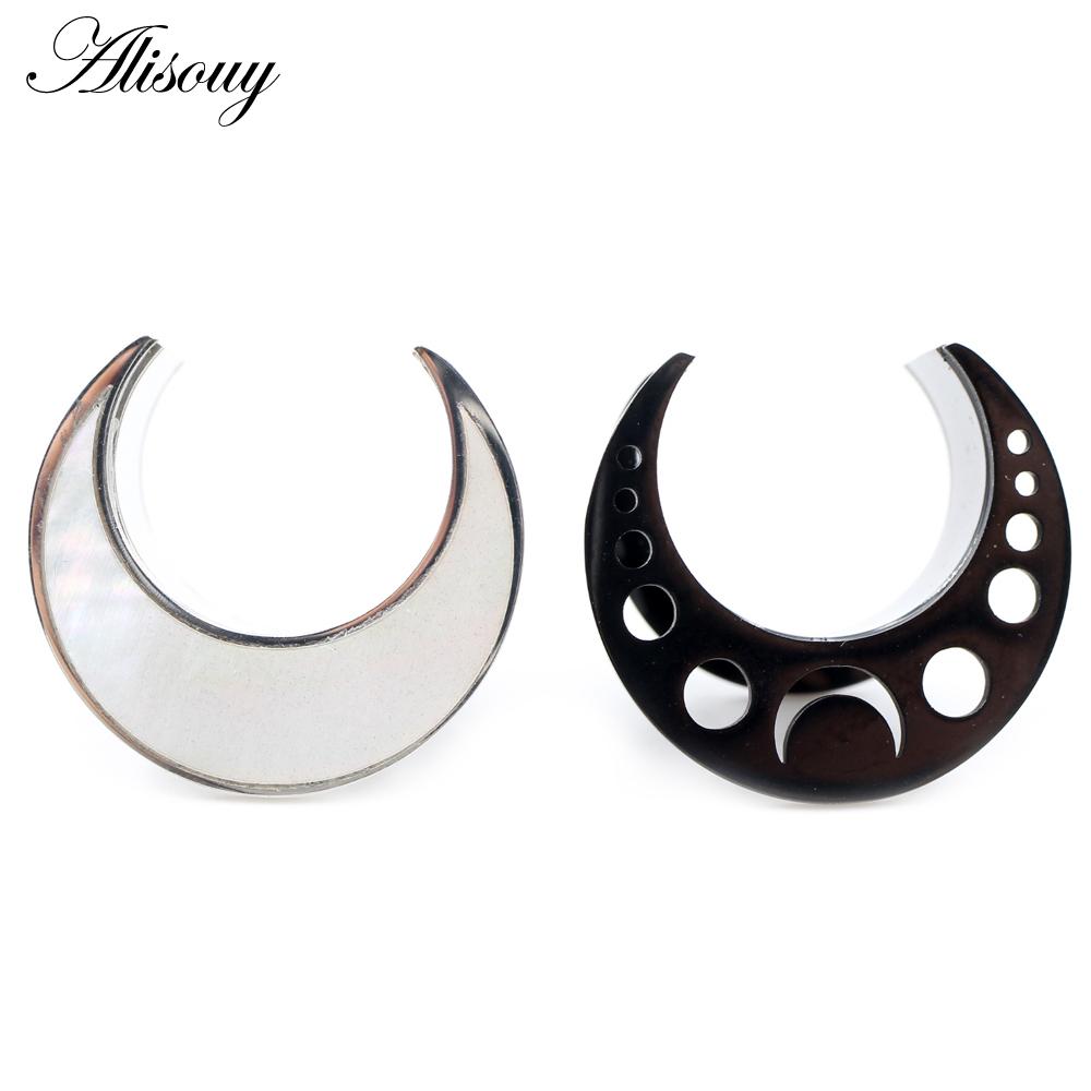 Alisouy 2PCS Stainless Steel Shell Moon Round Saddle Ear Tunnel Plugs Expander Stretcher Gauges Earrings Piercing Body Jewelry