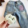 Джинсы для девочек с утолщенным флисом, зимние, включая овечью шерсть, женские сокровища, осенние и зимние стили, детские брюки