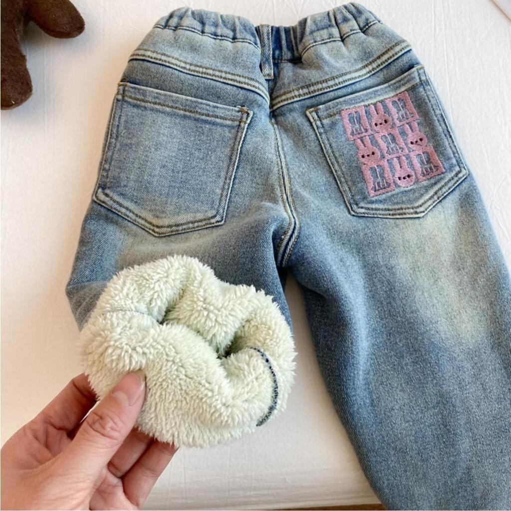 Джинсы для девочек с утолщенным флисом, зимние, включая овечью шерсть, женские сокровища, осенние и зимние стили, детские брюки