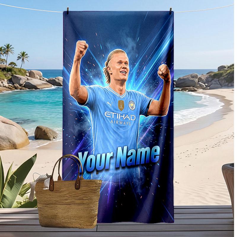 Erling Haaland Personalized Printed Beach Towel Soccer Logo Support Custom Name Text Absorbent Towel For Sport Travel Special Gift