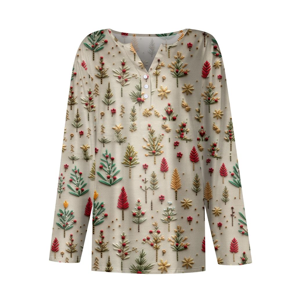 Женская модная повседневная футболка с длинным рукавом и V-образным вырезом на рождественском принте на пуговицах