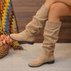 Fashion Women's Mid-heel Single Boots Spring New Round Head Suede Sleeve Fold Soft Sole Non-slip High Boots