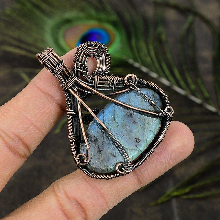 Natural Labradorite Gemstone Handmade Copper Wire Wrap Pendant 2.25" A6f14