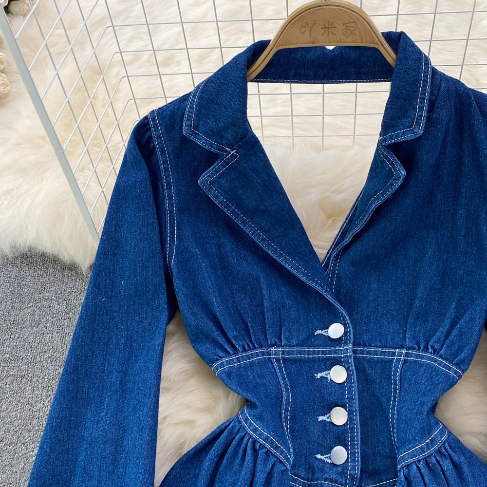 RUGOD Весеннее и осеннее джинсовое платье трапециевидной формы с воротником на талии и талией. Элегантное длинное платье.