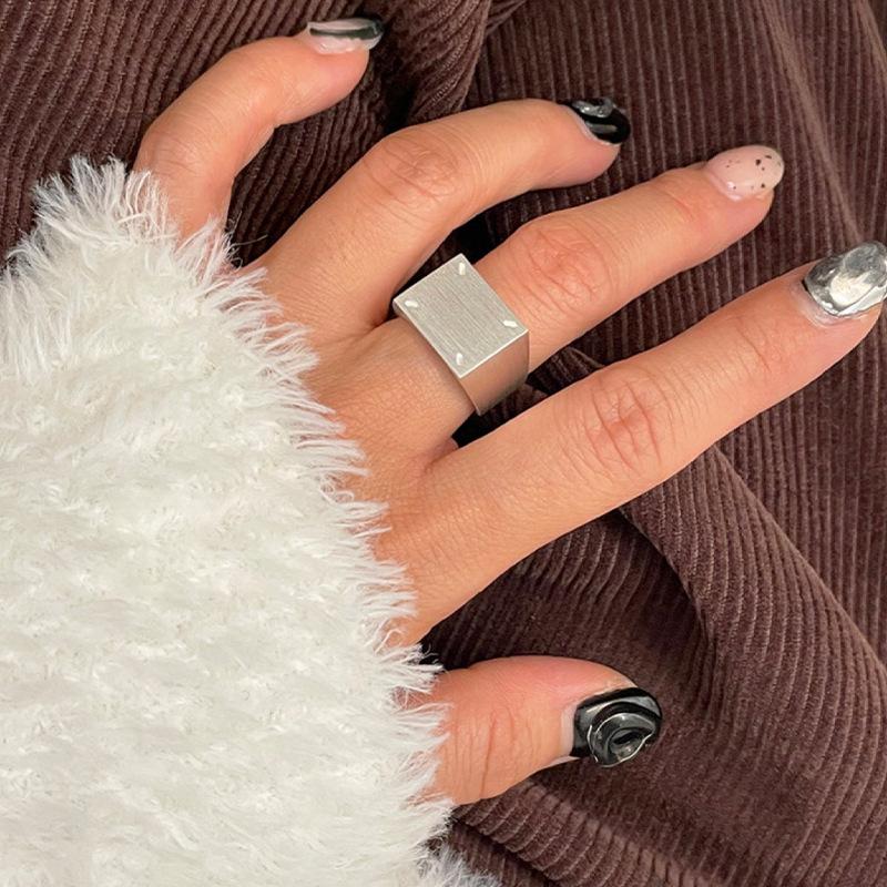 Adjustable Trendy 925 Silver Wide Square Ring With Stylish Matte Texture For Women