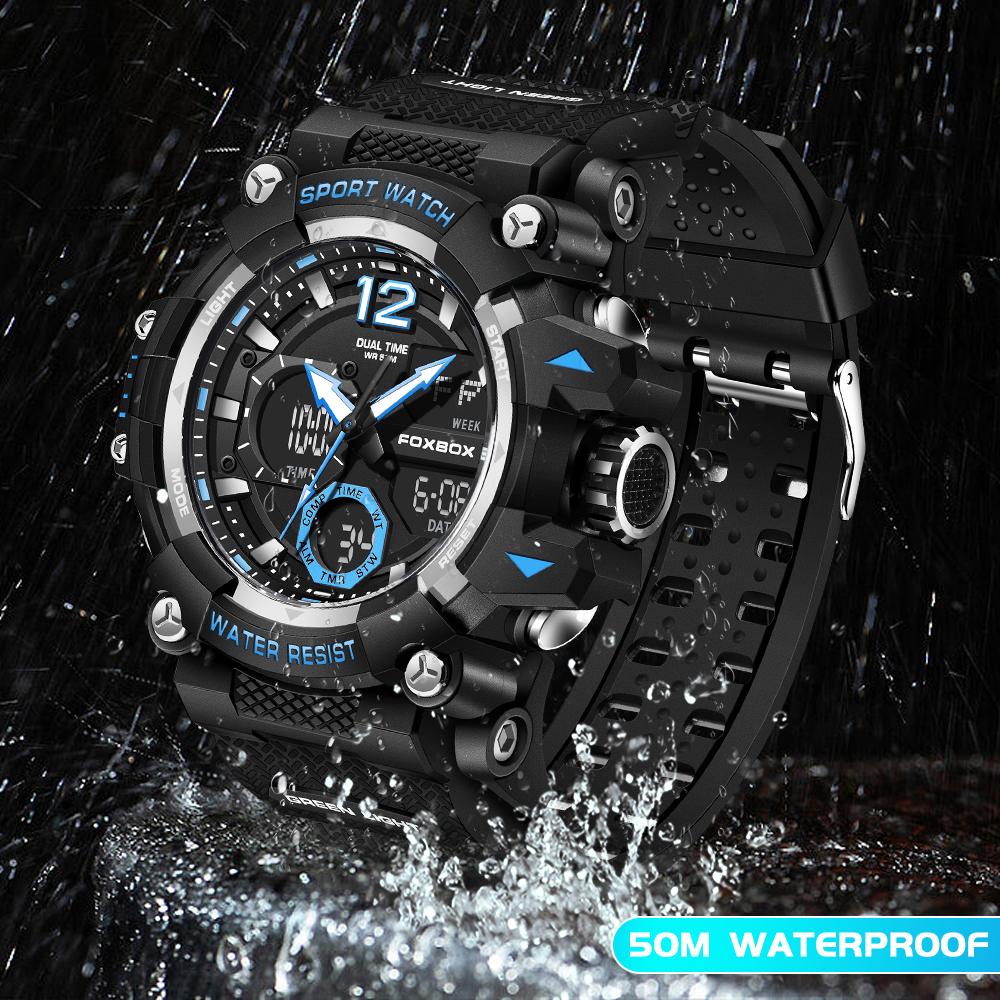 LIGE x FOXBOX Брендовые модные мужские часы с цифровым двойным дисплеем, светящиеся водонепроницаемые спортивные часы с будильником