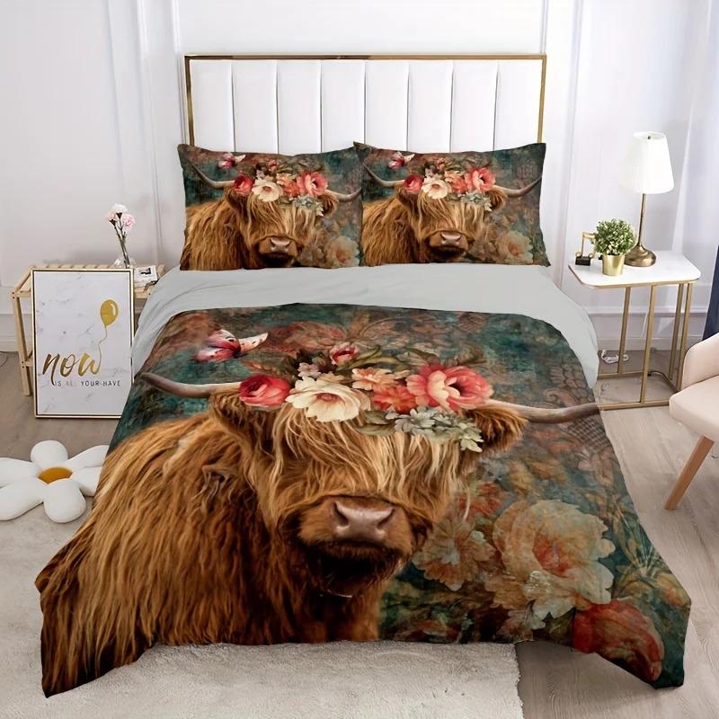 Комплект винтажного пододеяльника из 3 предметов, Постельное белье в деревенском пасторальном стиле с рисунком шотландской коровы, Мягкий удобный дышащий пододеяльник