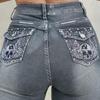 European Street Fashion Slim Fit Elastic Jeans with Embroidered Skull and Hot Diamond Design for Women