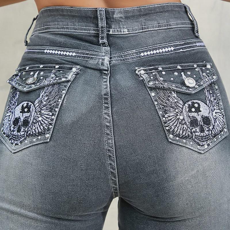 European Street Fashion Slim Fit Elastic Jeans with Embroidered Skull and Hot Diamond Design for Women