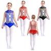 Girls Latin Dance Costume Sequins Trim Mock Neck Open Back Striped Leotard Tulle Skirted Bodysuit