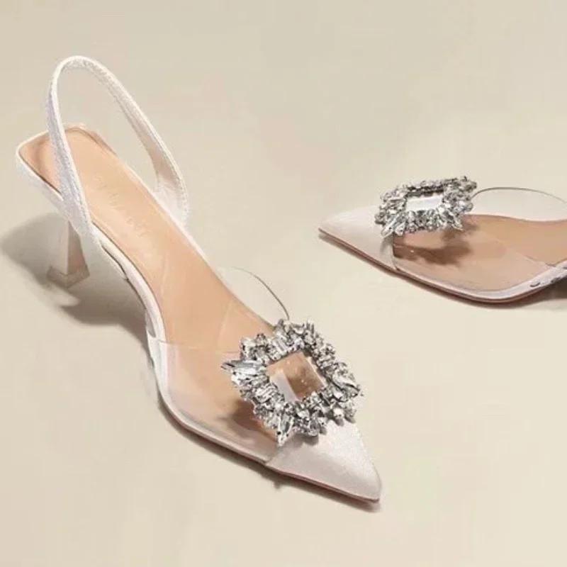 Summer Women High Heels Shoes Luxury Crystal Women Sandals Designer Pointed Toe Pumps Transparent Sexy Women Sandalias De Mujer