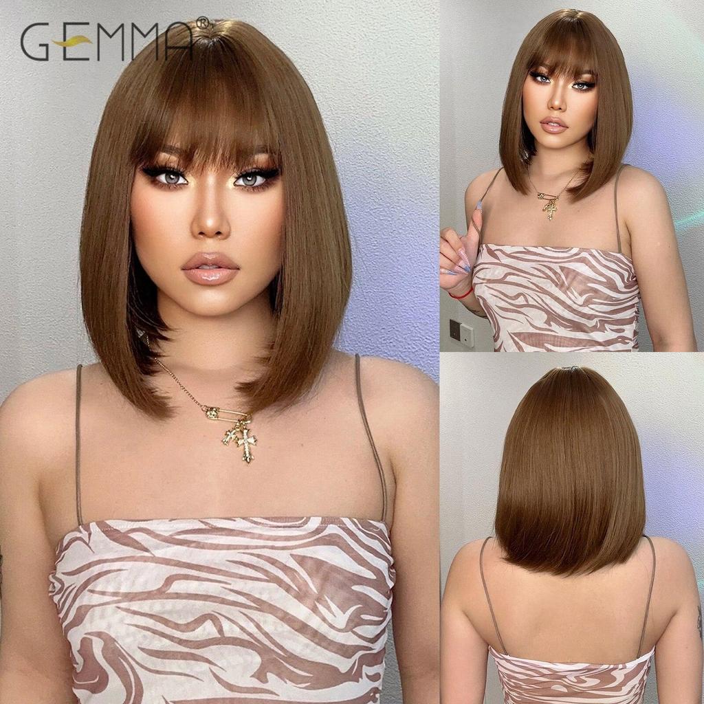 Cosplay Ombre Brown Platinum Blonde Wig Synthetic Straight Short Bob Hair Wigs for Women Natural Heat Resistant Party Daily Use