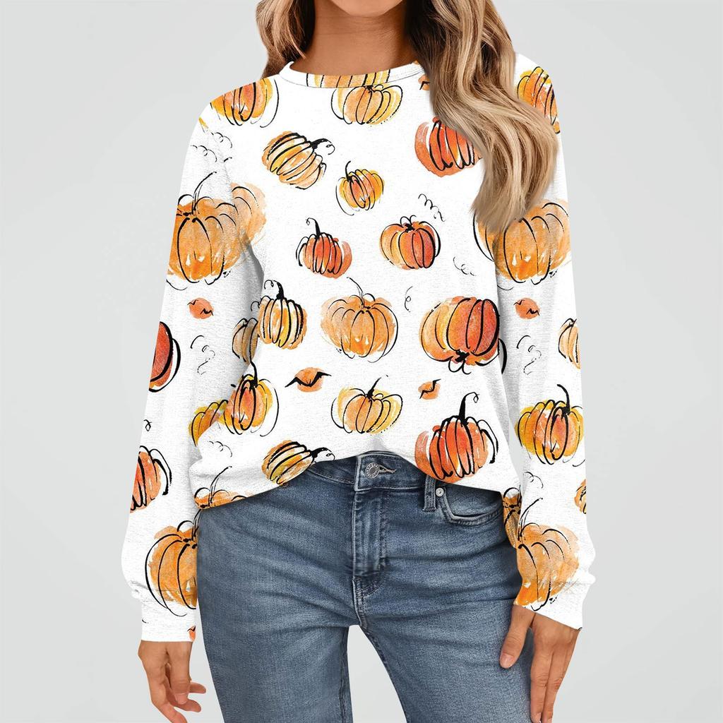 Women's Fashion Long Sleeve Shirts Loose Fitted Crewneck Basic Halloween Print Tops Casual Outfits