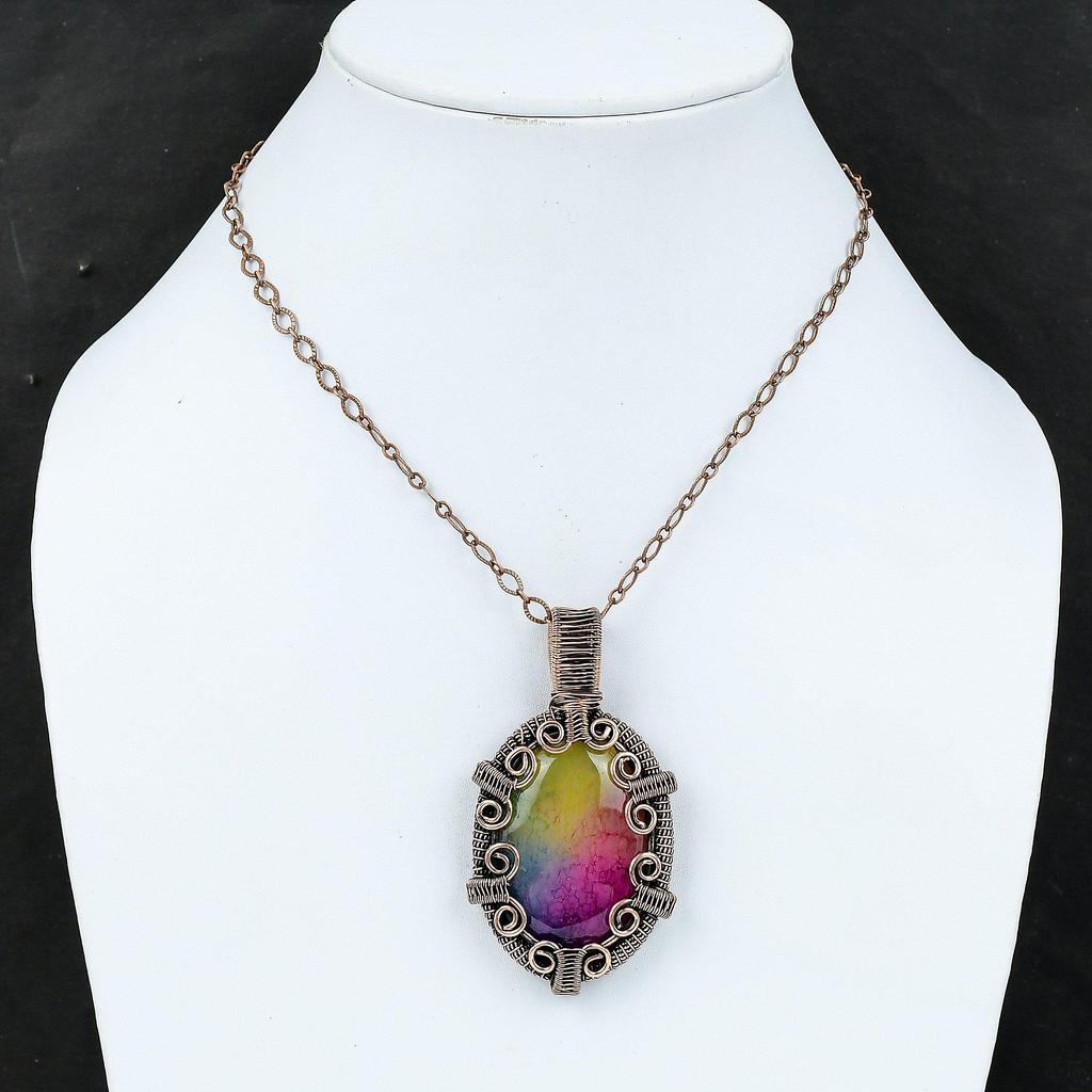 Rainbow Solar Quartz Druzy Pendant Copper Wire Wrapped Gemstone Jewelry Copper Pendant Handmade Brand New Pendant Wire Wrap Pendant For Gift