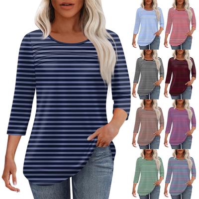 Женская мода круглый вырез шея плиссированная передняя планка с принтом рукав 3/4 топ