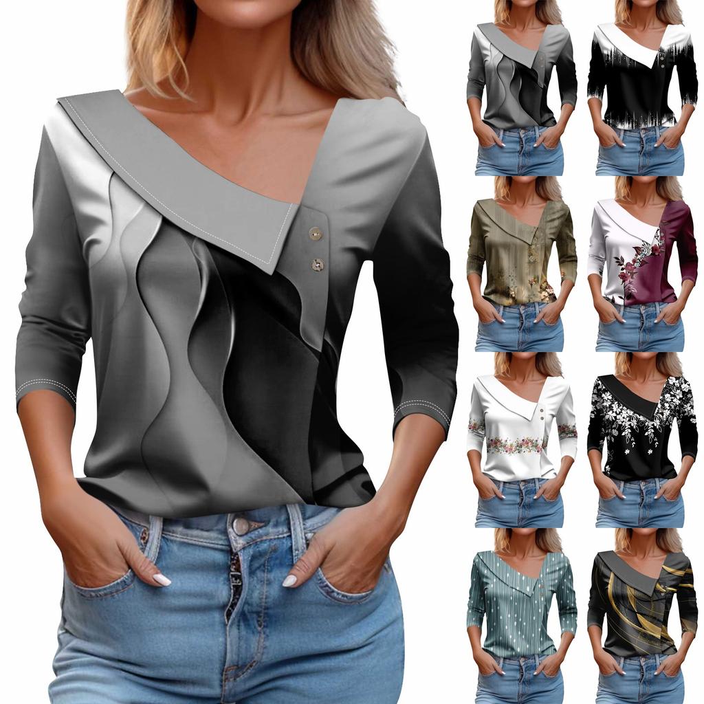 Женская футболка с принтом, пуловер с рукавами 3/4 и V-образным вырезом и пуговицами