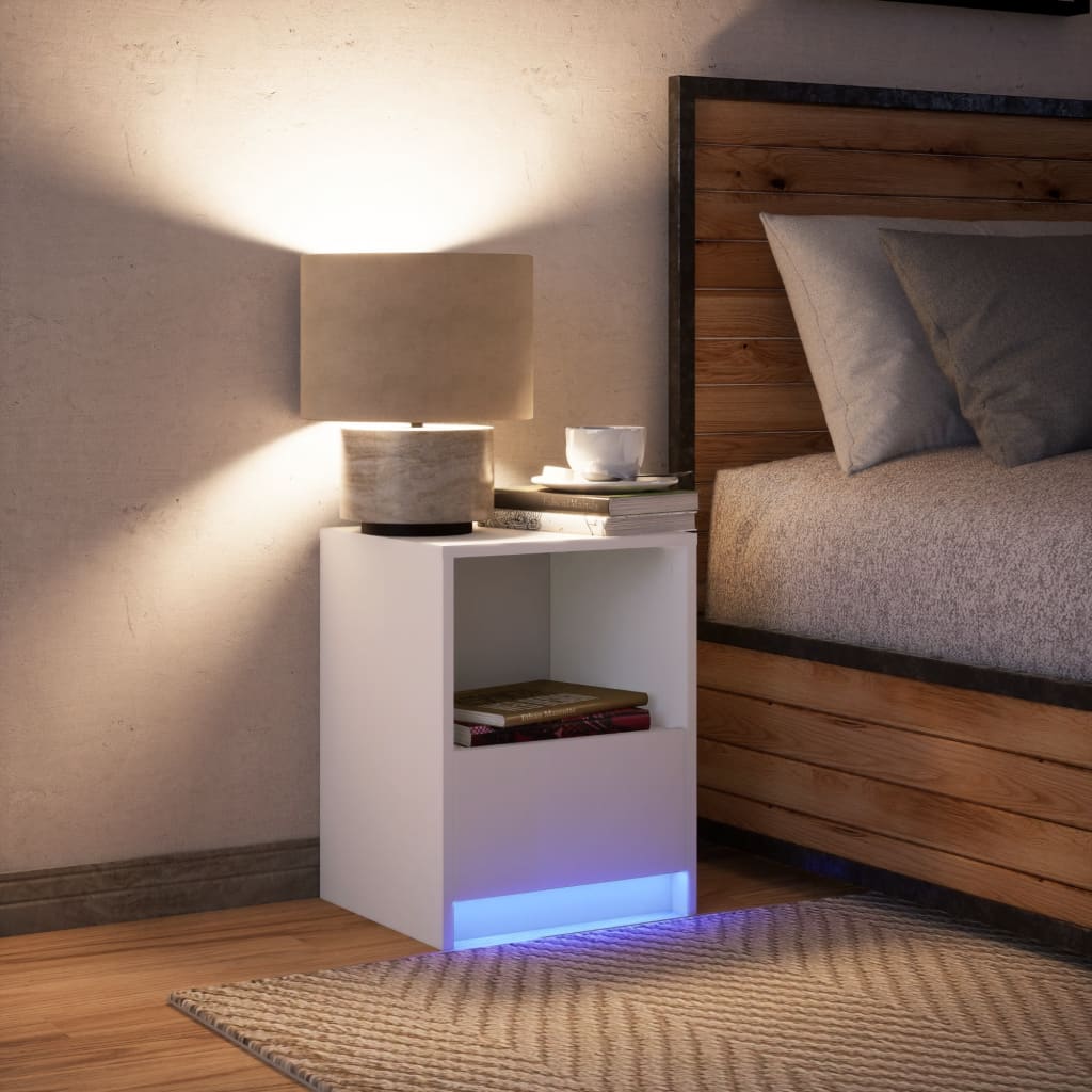 Nightstand with LED Lights White Engineered Wood