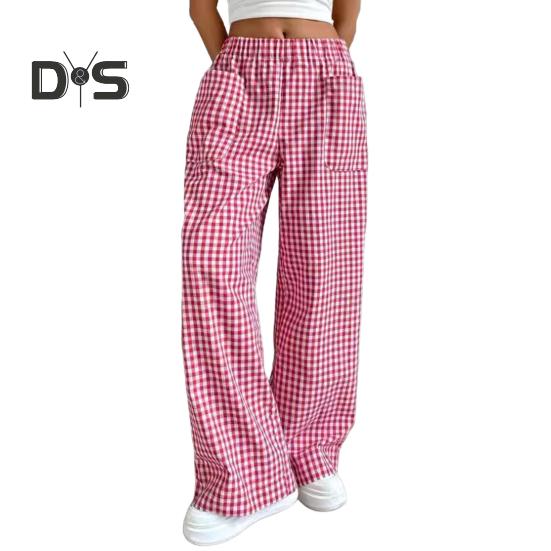 Женские брюки с эластичной талией, средней посадкой, широкие длинные брюки с карманами, клетчатый принт, удобные повседневные брюки