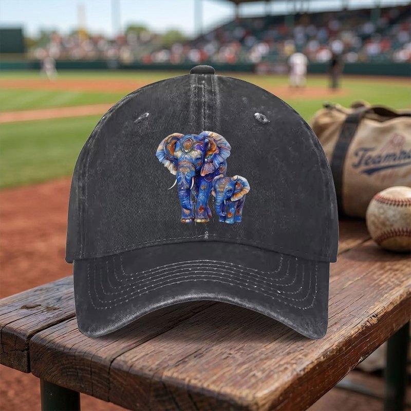 Colorful Blue Gold Elephant Washed Baseball Cap Adjustable Buckle Lightweight Breathable Unisex