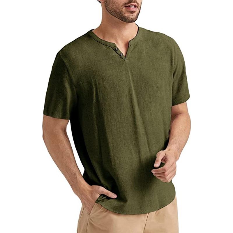 Мужская повседневная футболка-henley из льна и хлопка с коротким рукавом