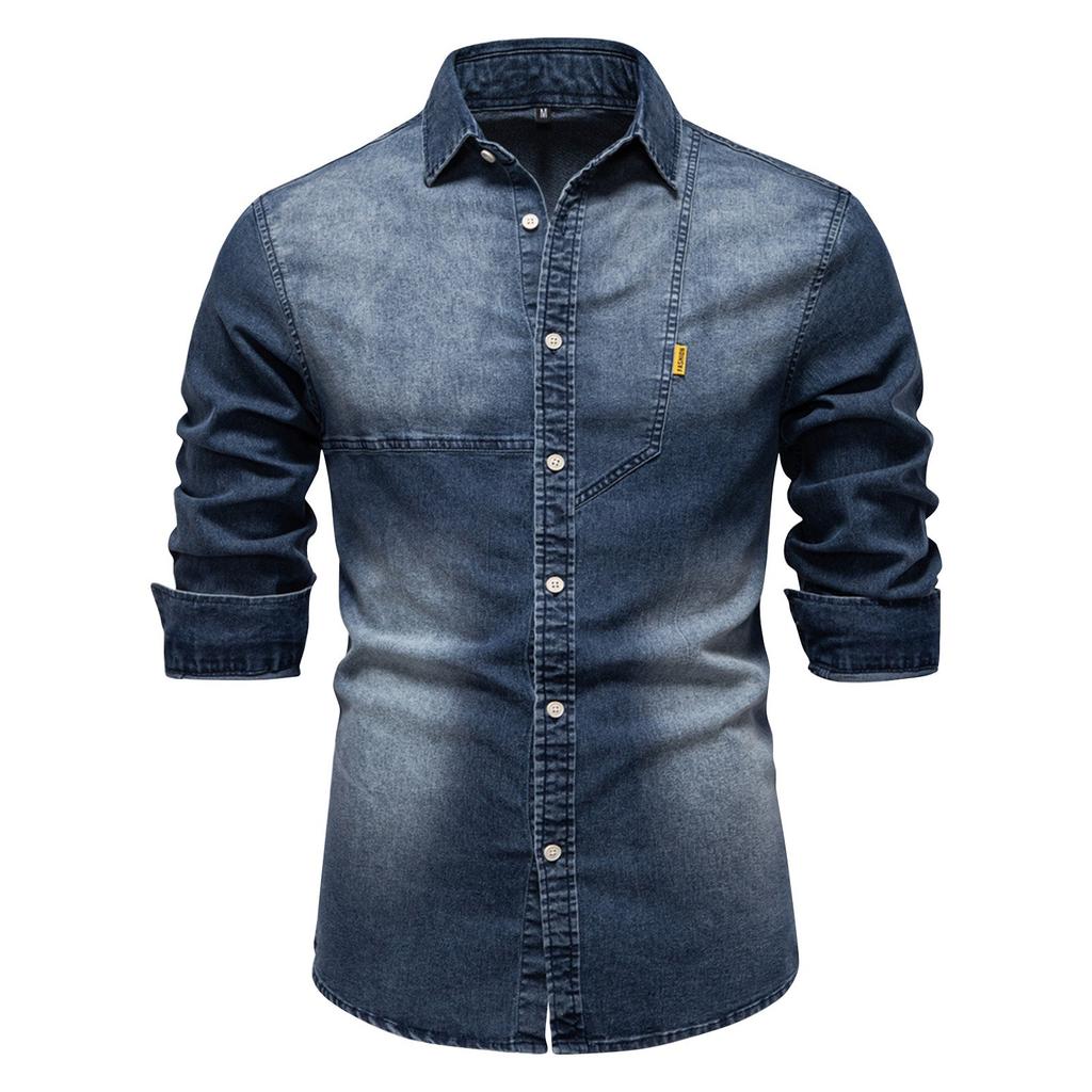 Мужская повседневная однотонная рубашка из денима с длинным рукавом и однобортным лацканом Мужские повседневные модные рубашки с длинным рукавом