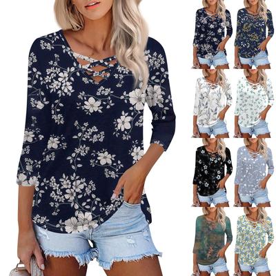 Женская модная свободная футболка с перекрестным V-образным вырезом и семью рукавами, повседневный топ с винтажным цветочным принтом