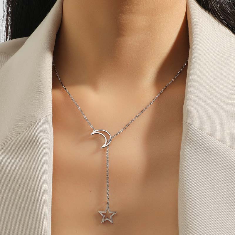 Gold Silver Star Moon Pendant Necklace For Women Simple Metal Long Tassel Cross Chain Necklace Jewelry