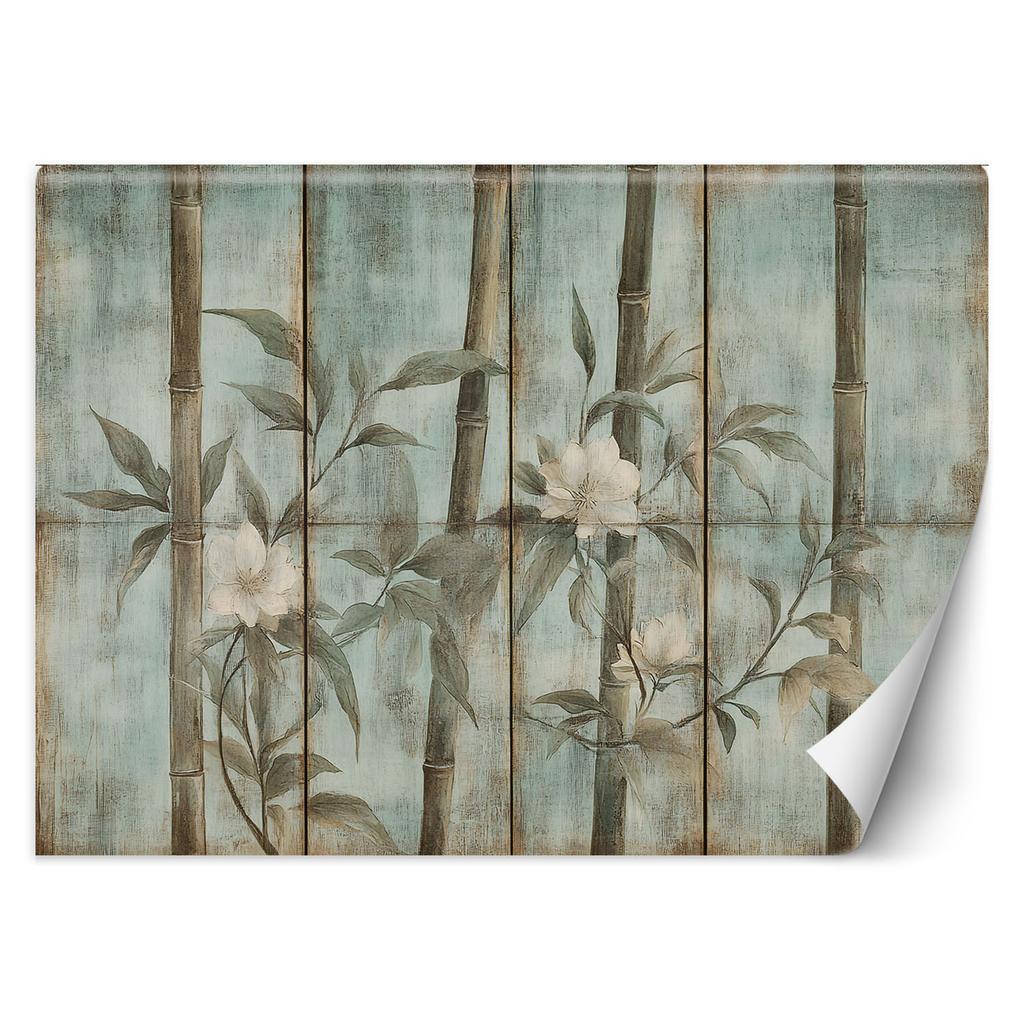 Wallpaper bamboo shoots with flowers on textured background